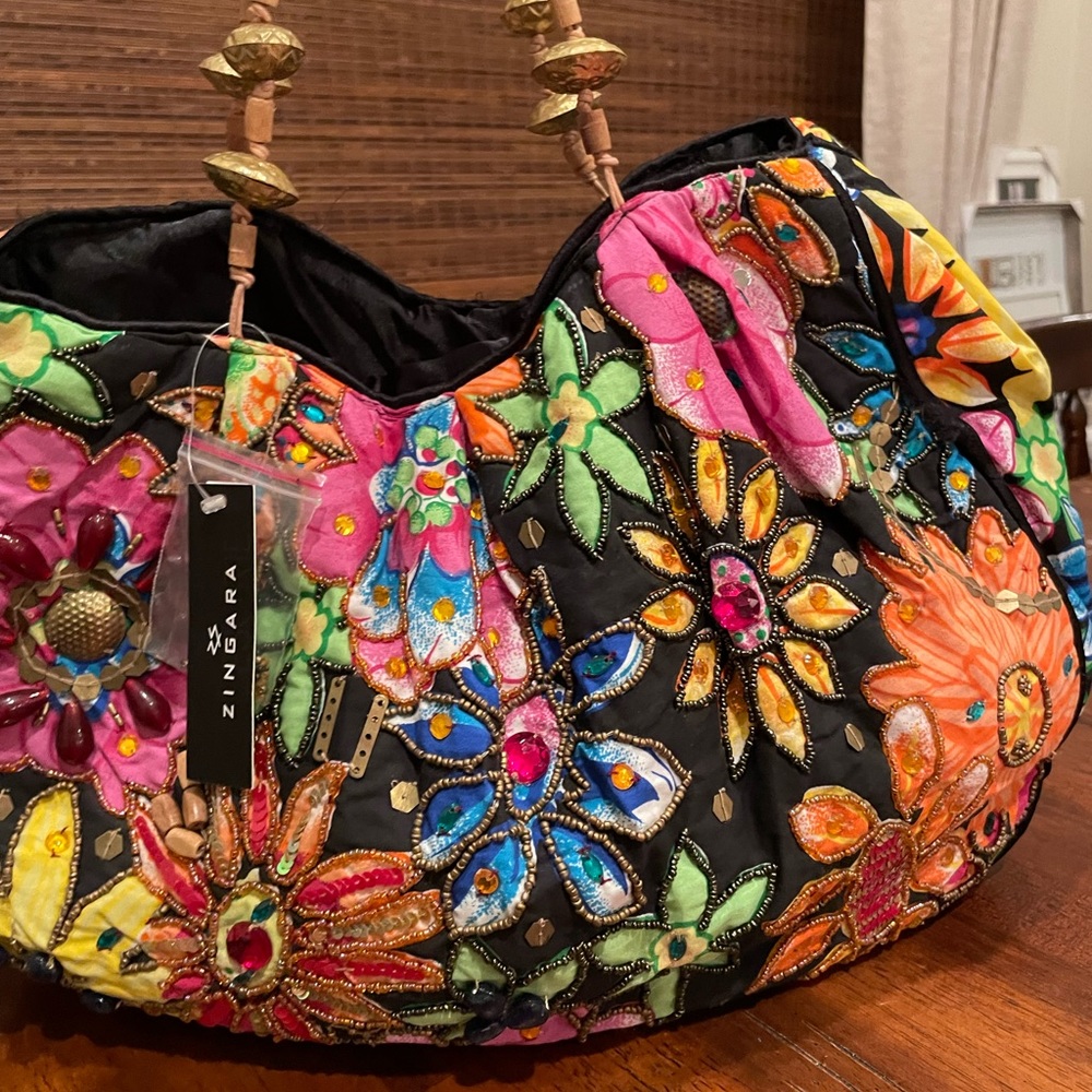 ZINGARA Bohemian Embellished Tote Bag with Bamboo Handle
